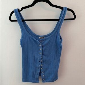 Free People Blue Button-Up Ribbed Tank Top